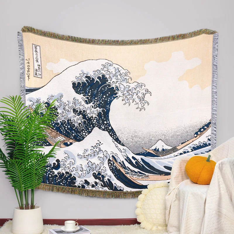 Ukiyo-e Waves Blanket Sofa Retro Decoration Throw Blankets Casual Tapestry Warm Tassel Knitted Blanket Camping Beach Carpet