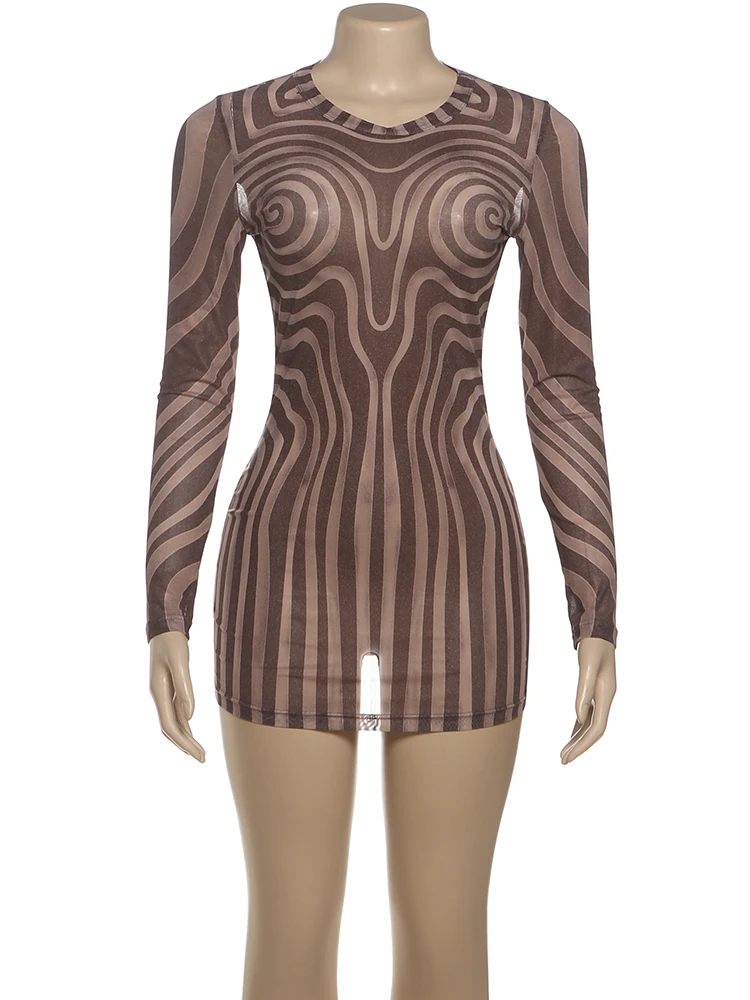 Raar Poes See Through Jurk Vrouwen Esthetiek Print Sexy O-hals Volledige Mouw Skinny Perzik Hip Clubwear Midnight Mini Bodycon