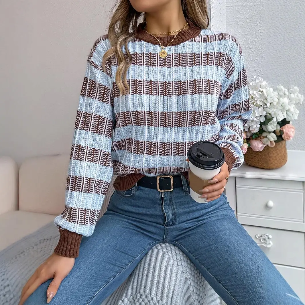 Retro Striped Lantern Sve Long Sve round Ne Pullover Sweater Autumn Winter Women's Faion Cross-Border Independent S...