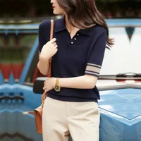 Short Sleeve Polo Shirts Woman Aesthetic Hot Black Women Vintage Sweatshirt Flower Knitted Korean Shirt High Quality Top Cotton - Image 5