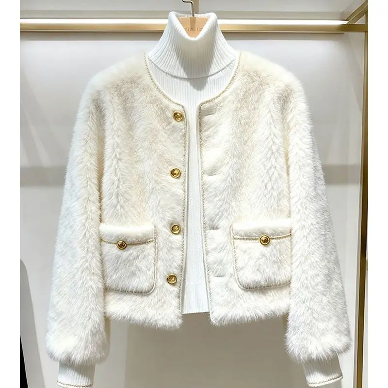 New High End Fashion Fuzzy Women's Coat Autumn Winter Elegant O-neck Long Sleeve Small Fragrant Jacket Office Lady Outwear