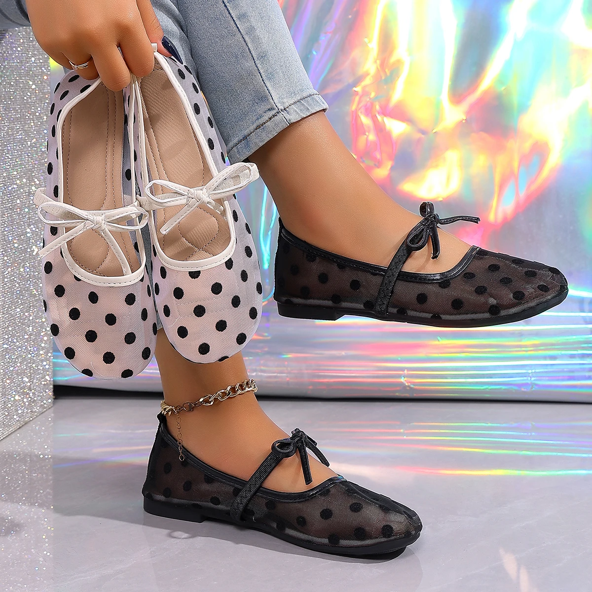 Casual Flat Bottom Mary Jane Shoes Women's Gentle Wind Dots Mesh Butterfly Knot Slip-On Shoes round Head One-Strap