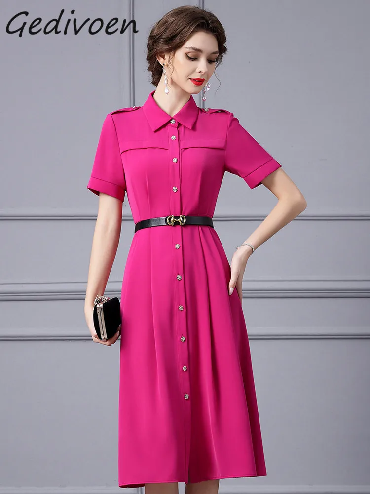 

Gedivoen Summer Fashion Designer Rose Red Vintage Dress Women Lapel Single Breasted Sashes Gathered Waist Slim A-LINE Midi Dress