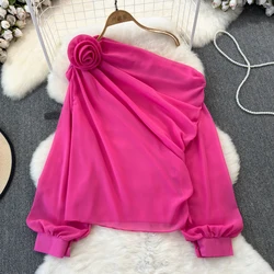 Sweet High Waist Diagonal Collar Three-dimensional Flower T-shirt Vintage Long Sleeve Fashion Women Elegant Autumn Crop Tops