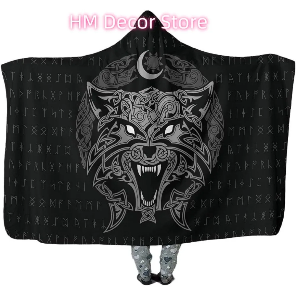 Viking Wolf Hooded Blanket Norse Myth Fenrir Wolf Wearable Blanket Warm Flannel Throw Cloak 3D Print Wrap with H