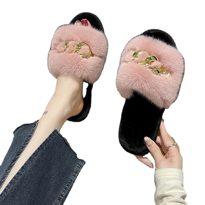 Fashion Chain Design Women Home Slippers Solid Color Open Toe Indoor  Winter Flat Non-slip Leisure Interior Female Shoes 2024