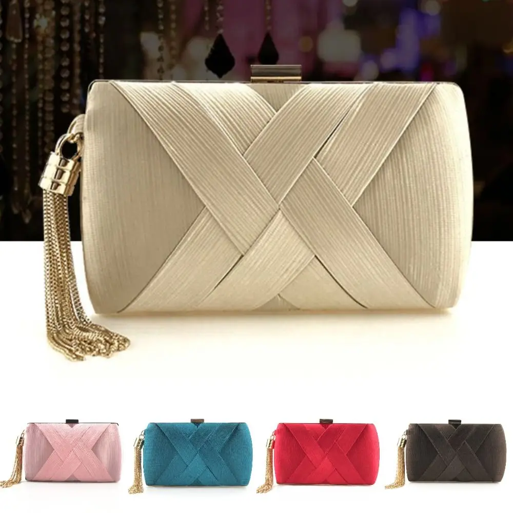 

Casual Luxury Silk Fabric Dinner Handbag Tassel Chain Evening Banquet Bag Elegant Hand Hold Bridal Clutch Bag Wedding