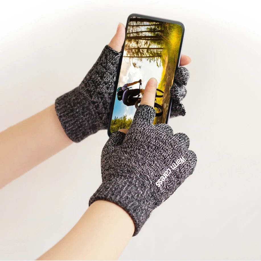 Winter Thick Warm Men Women Anti-Slip High Elasticity Gloves, Black Grey Cold Weather Thermal Knit Gloves Running Driving Hiking