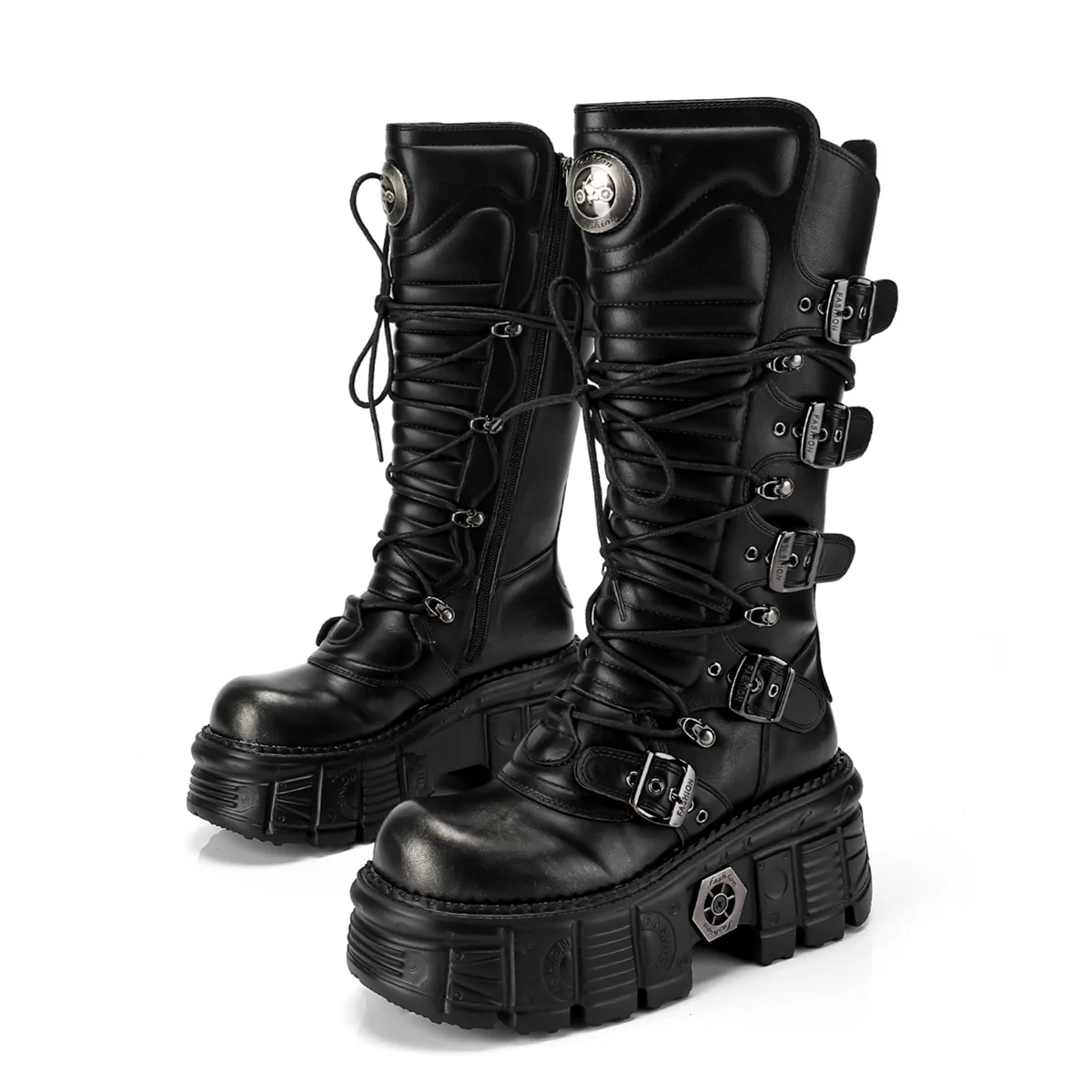 

Women Spice Girl Design Sense Black Silver Rub Dark Punk Style Metal Tank Thick Bottom Lace-Up Goth Style Boots