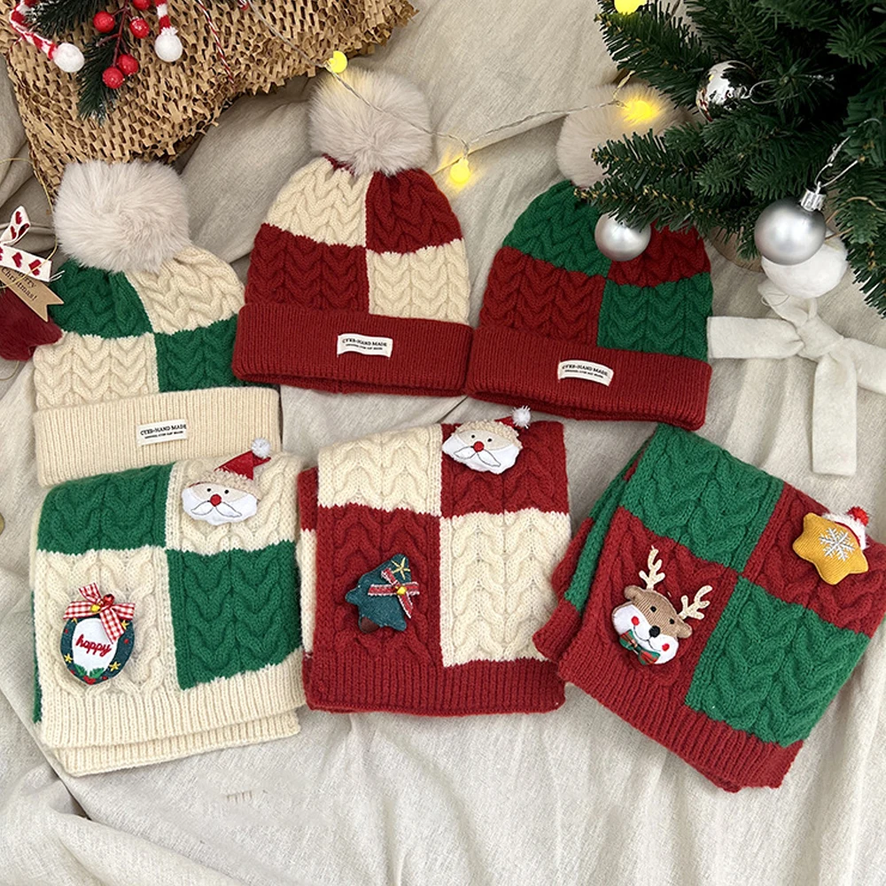 Children's Christmas scarf and hat 2Pcs set thickened wool hand-woven for 2-8Year boys girls Christmas New Year kindergarten gif