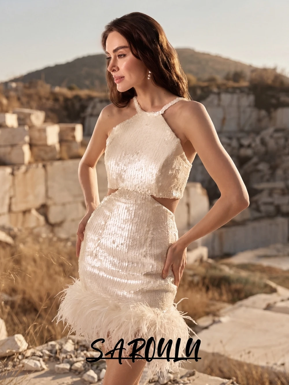 

SAROULU Sparkly Sequin Short Wedding Dress Gorgeous Halter Neck Cutout Waist Feather Trim Bridal Reception Gown Customized