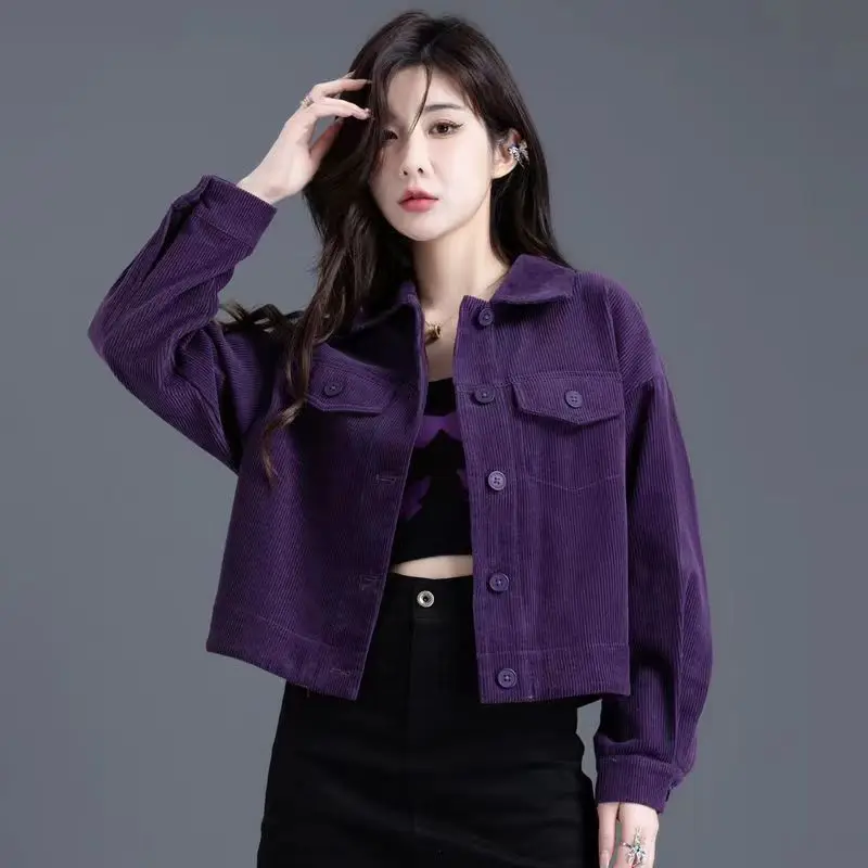 Chic Lapel Button Pockets Corduroy Jacket Vintage Thin Crop Tops Women Clothing Trends Long Sleeve Shirts Spring Autumn Coats