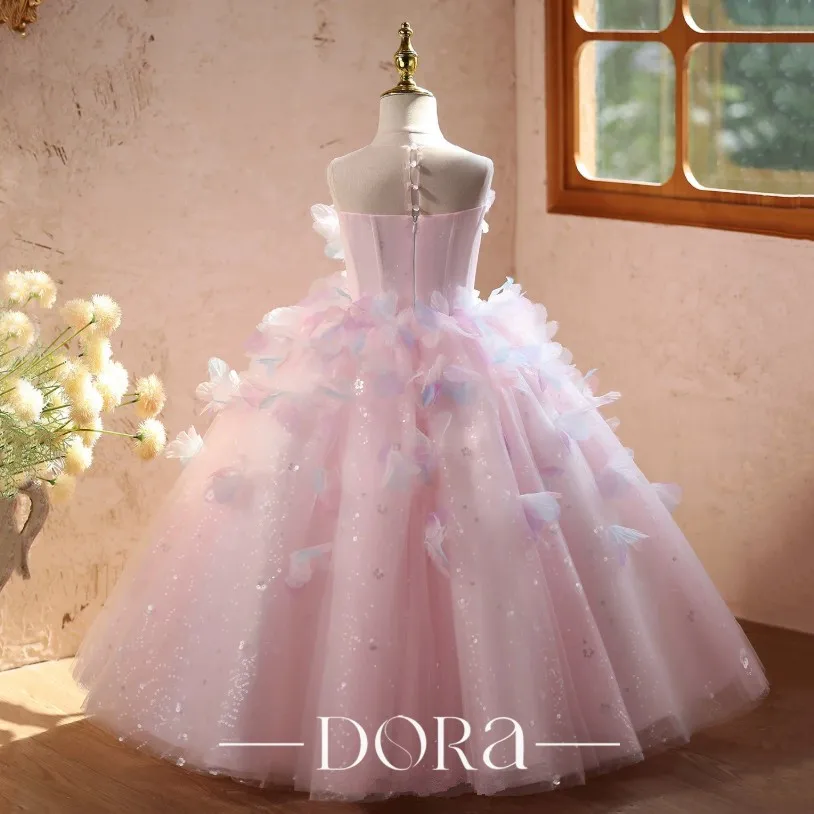 Girls Pageant Dress Pink Tulle Floor Length Puffy Gown Flower Girl Dress For Wedding Birthday Piano Performance Party A5093