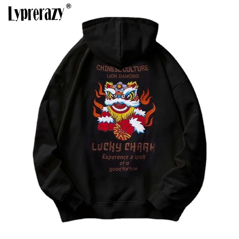 

Lyprerazy Autumn Winter New Chinese Style Embroidery Hoodies National Tide Awake Lion Men Cotton Pullover Tops