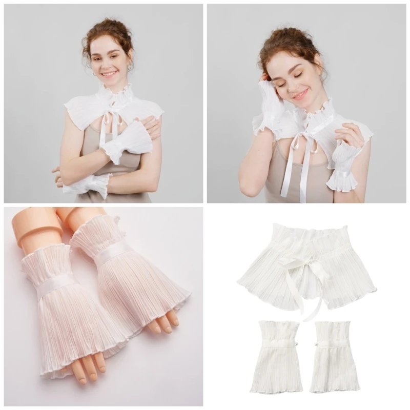 Flouncing Wrist Cuffs Collar for Blouse Spread Lapel Ancient Art Collar Sweet Shawl Decorative Pleated Wristband