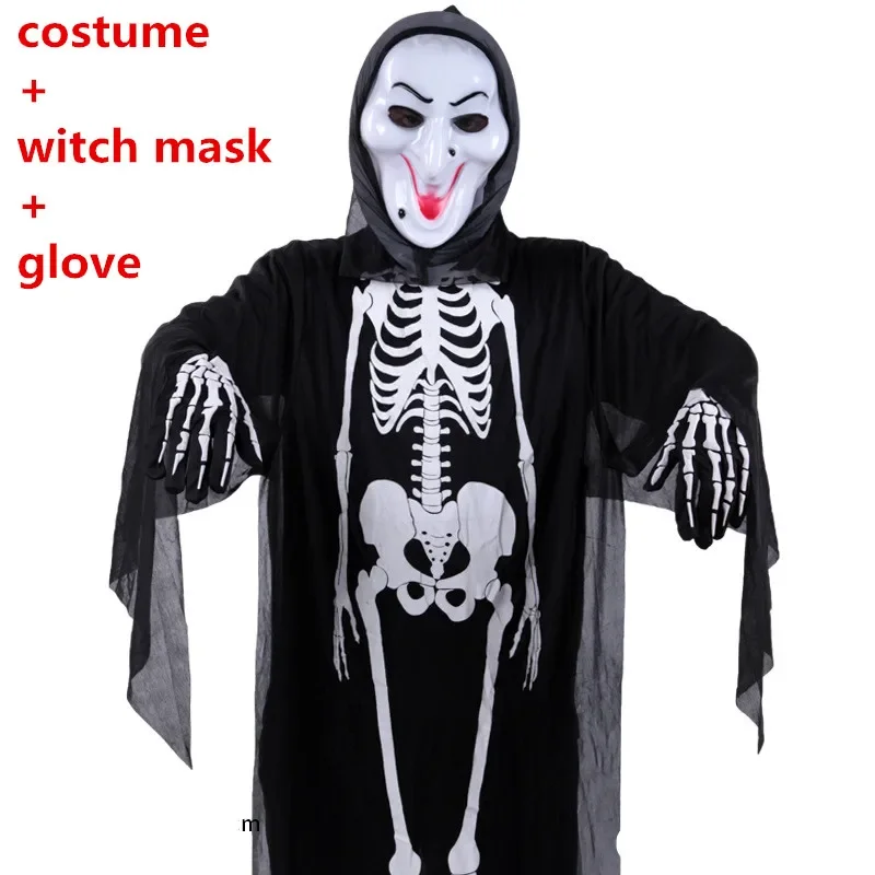 Costumes de cosplay de vampire d'Halloween pour hommes et femmes, robes de fantômes, modules de crâne, olympiques de batterie, masque effrayant, gants, manteau de fête de carnaval