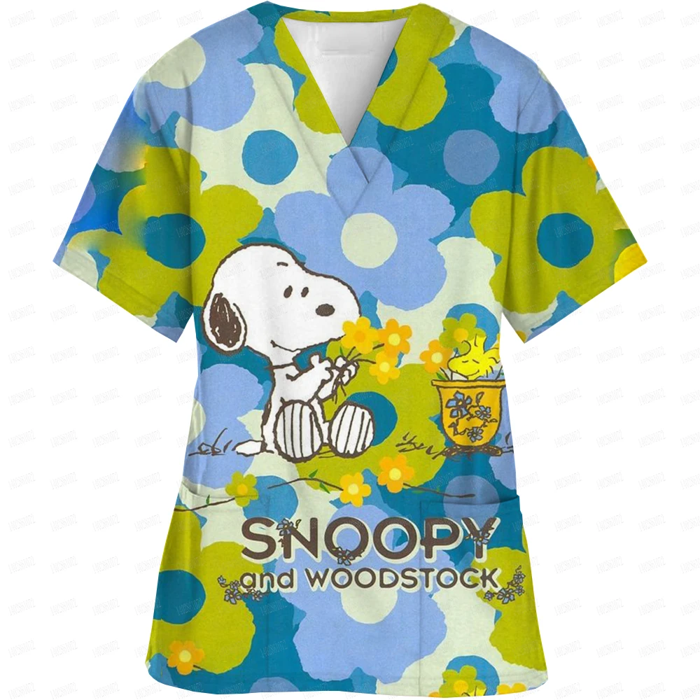 Hospital Working Uniforms V Neck Short Sleeve Scrub Clothes Cartoon Snoopy Printing Women's Nurse Clothes Clinical Uniform