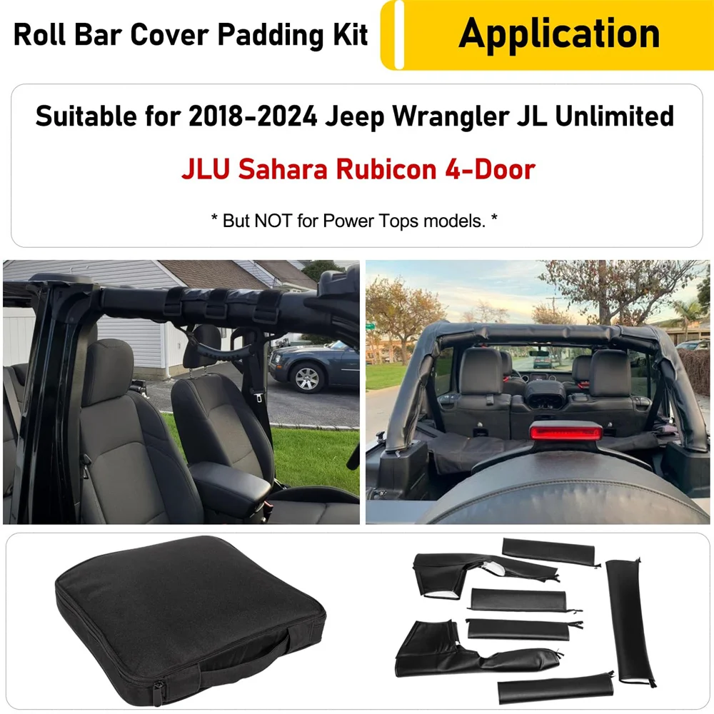 Roll Bar Cover Padding for Jeep Wrangler JL Unlimited 2018-2024 JLU Sahara Rubicon 4-Door Grab Bag Leather Foam Pad Cover Kit