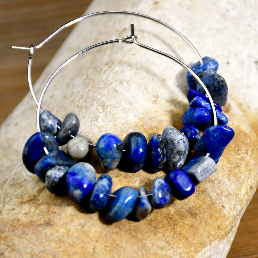 Bohemian Natural Stone Chips Beaded Hoop Earrings Women Colorful Turquoise Amazonite Amethyst Rose Quartz Ear Jewelry