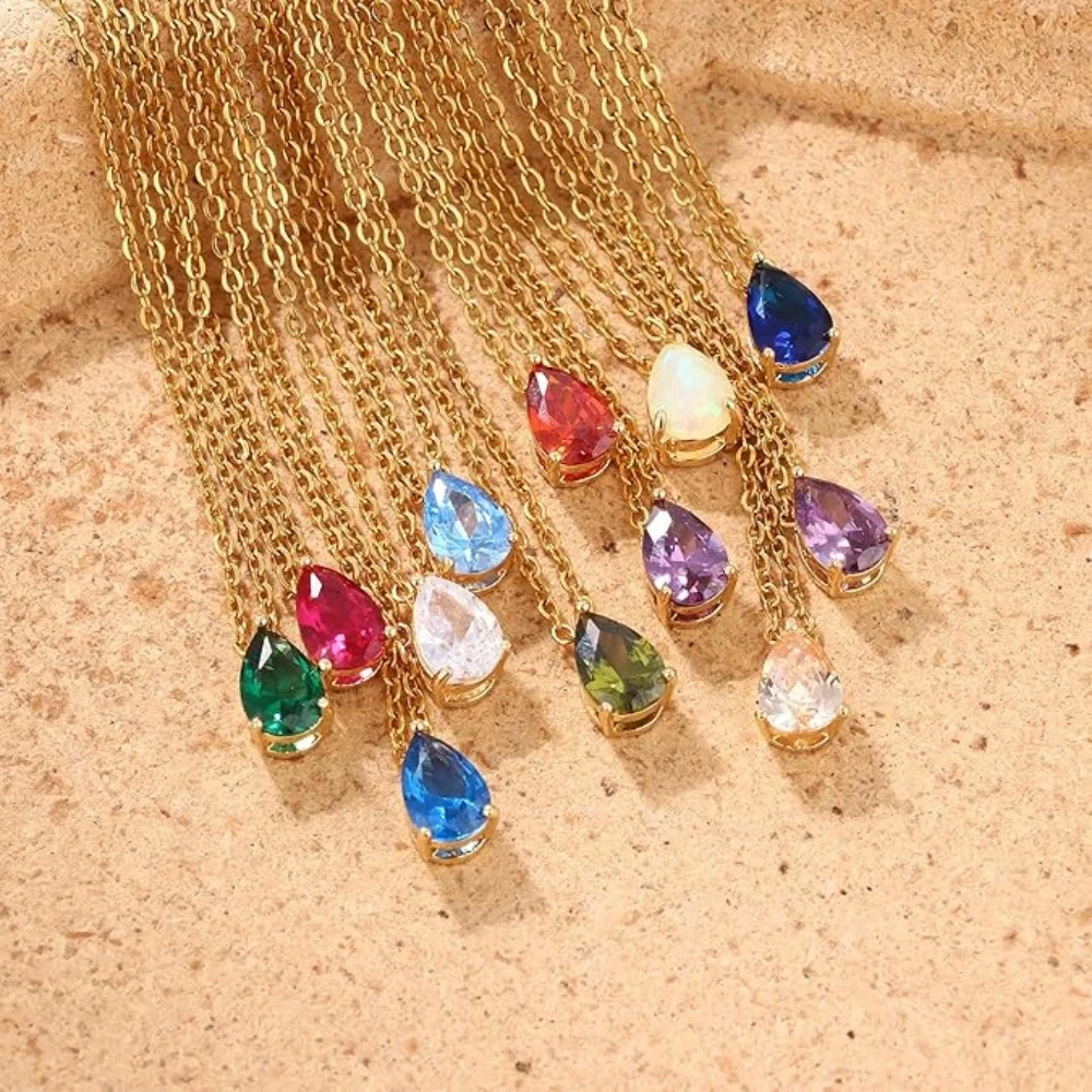 

18K Gold Plated Birthstone Necklace for Women Dainty Diamond Teardrop Necklaces Emerald Green CZ Pendant Necklace Birthday Gift