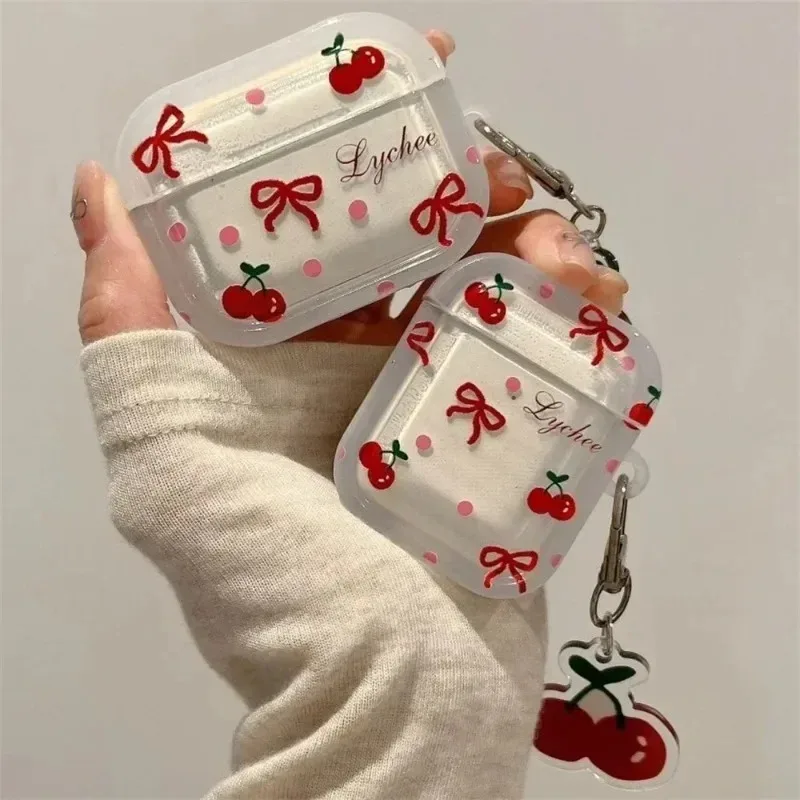 

Korean Cute Bow Cherry Earphone Case For Apple Airpods 4 Pro2 3 1 Cover with Charm Silicone Headphone Charging Cases For Airpods