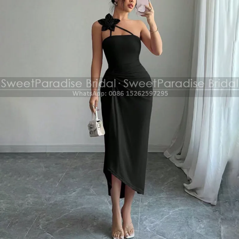 티 길이의 시스 칵테일 드레스, 플라워 원 숄더 슬리브리스 플리츠 머메이드 맞춤형 파티 드레스 여성용