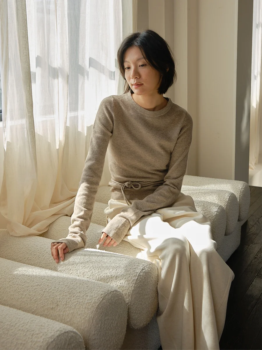 

Whitecube Autumn Winter New Sle Women's Knitted Top with Waist Belt Tobacco Brown Wool Blend Casual Slim Fit Long Sve