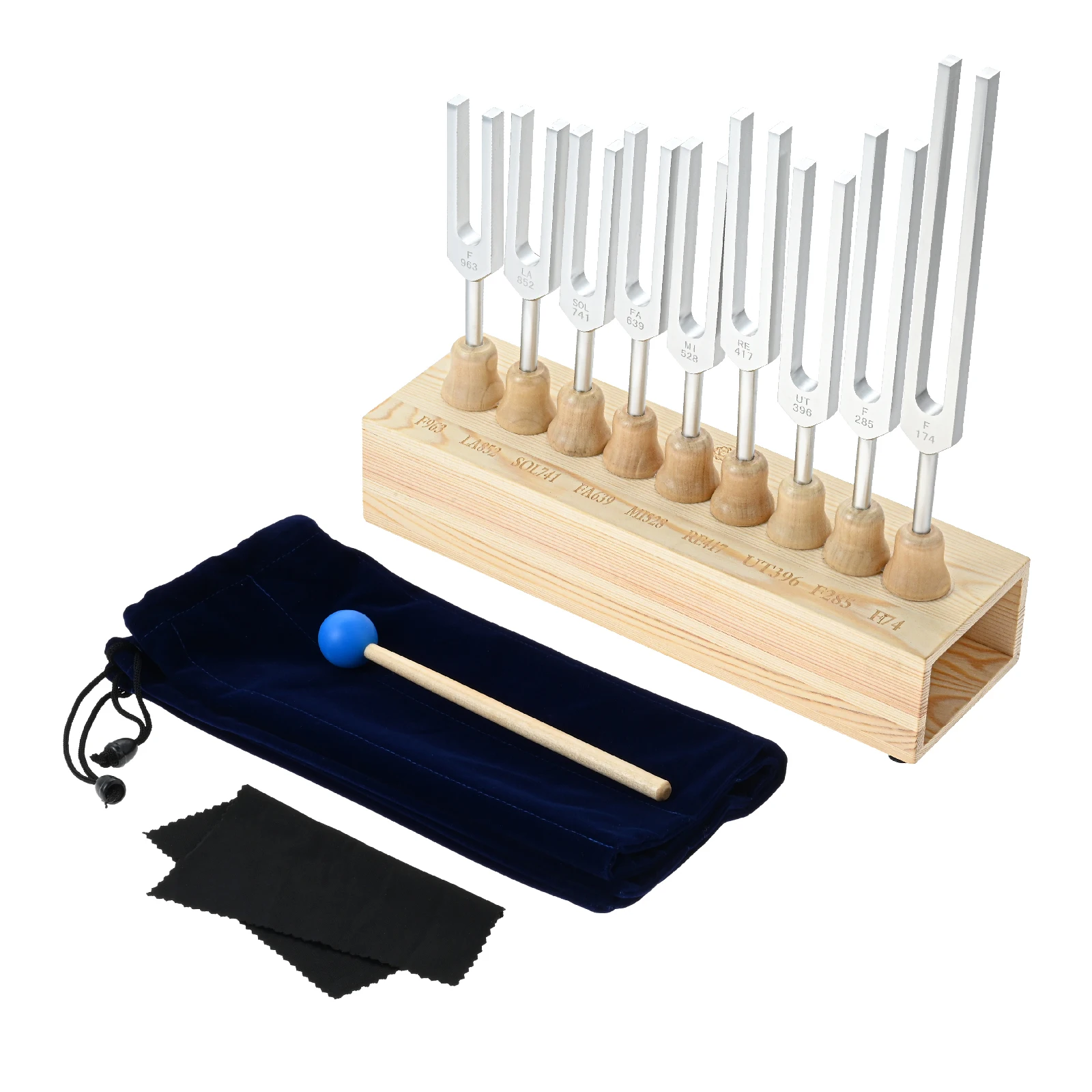 

1Set Solfeggio 9 Tuning Forks Set with Wooden Voice Box for Sound Energy Field Healing Velvet Pouch (174 Hz 285Hz 396Hz 417Hz )