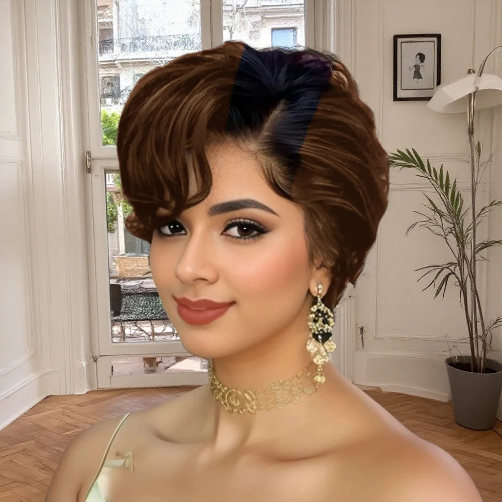 ファッションピクシーレースフロントウィッグ人毛ショートピクシーカットウィッグサイドパートウィッグ