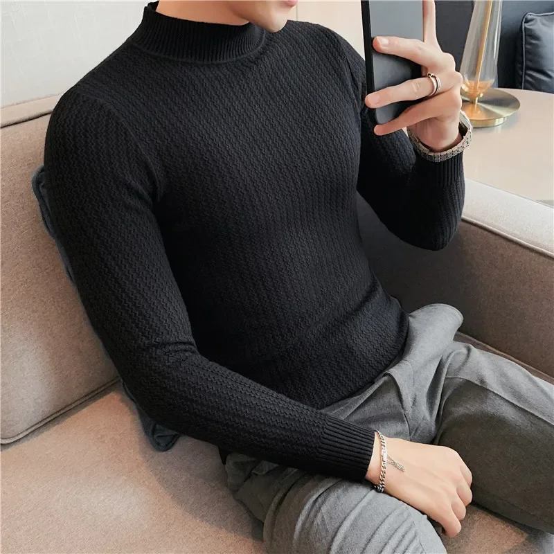 Men Keep Warm in Winter Knitting Sweater/Male Slim Fit Fashion High collar Pullover Men's Solid Color Knit Sweater S-4XL