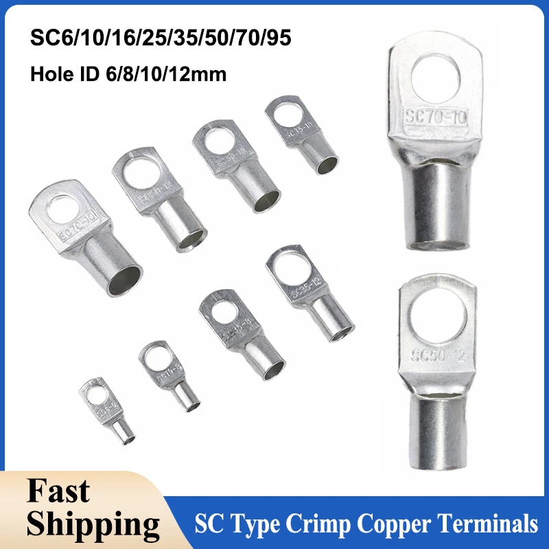 SC Type Crimp Wire Terminals SC6/10/16/25/35/50/70/95 Bare Copper Battery Block Lugs Ring Cable Connector Hole ID 6/8/10/12mm