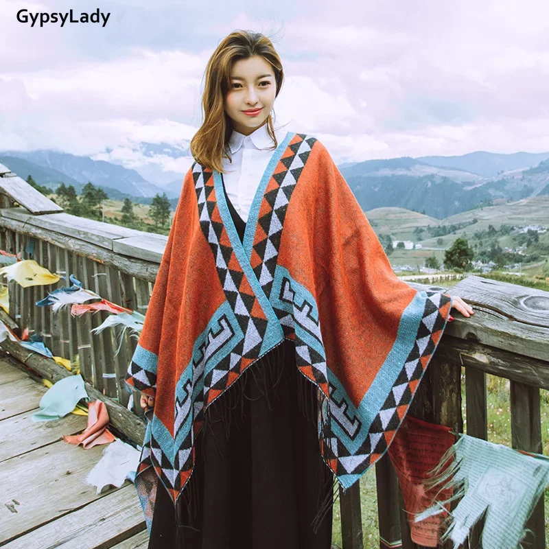 GypsyLady Vintage Knitted Warm Cloaks Capes Autumn Spring Women Poncho Cape Ethnic Chic Pattern Cloak Poncho Ladies Outwear Red