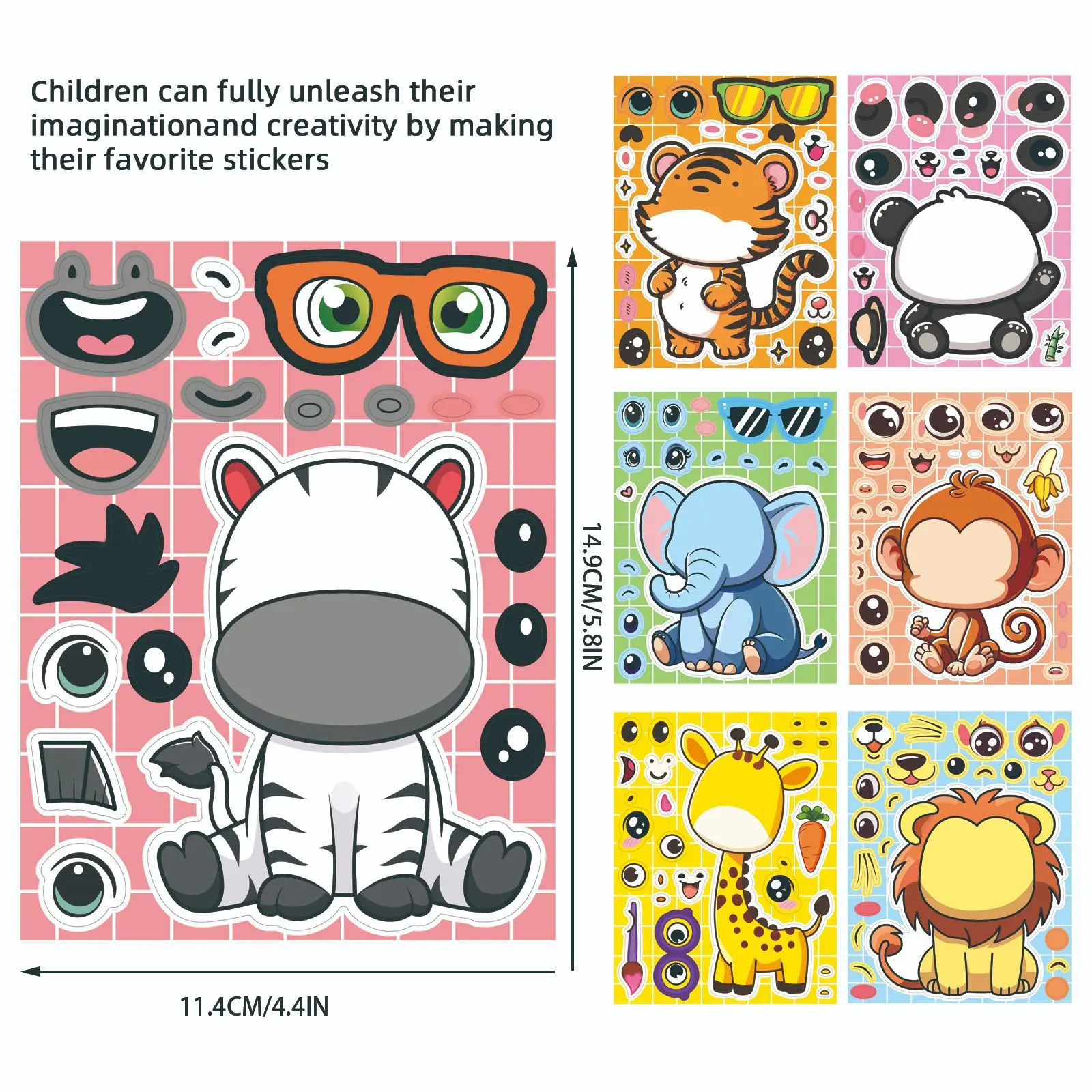 

8 листов/набор наклеек-головоломки с мультяшными животными-сделай сам, забавная игра Make-a-Face с тигром, львом, пандой, слоном, жирафом, детская наклейка, игрушка