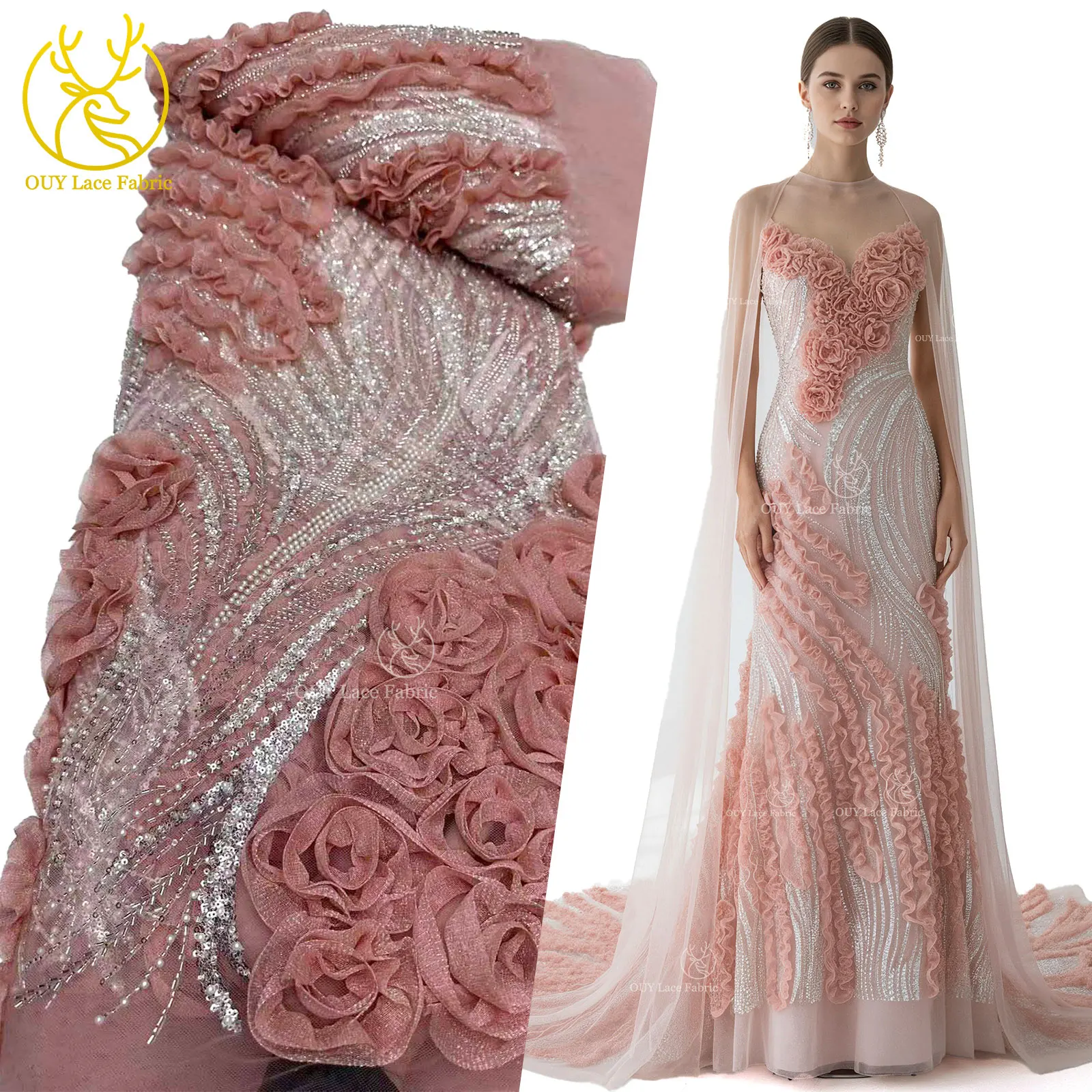 

3D Fashion African Beaded Lace Fabric 5 Yards Peach French Sequined Embroidered Mesh Lace Fabric Women's Wedding Party Dress