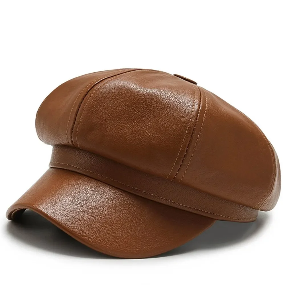 Gorro octogonal de cuero Pu para mujer, moda Retro, versátil, temperamento de otoño e invierno, boina con circunferencia de cabeza grande, 1 ud.