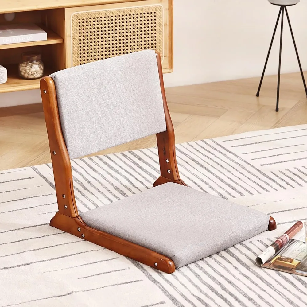 Foldable Tatami Chair, Wood Legless Back Rest Chair with Cushion, Accent Meditation Floor Chair Bay Window, Walnut Grey