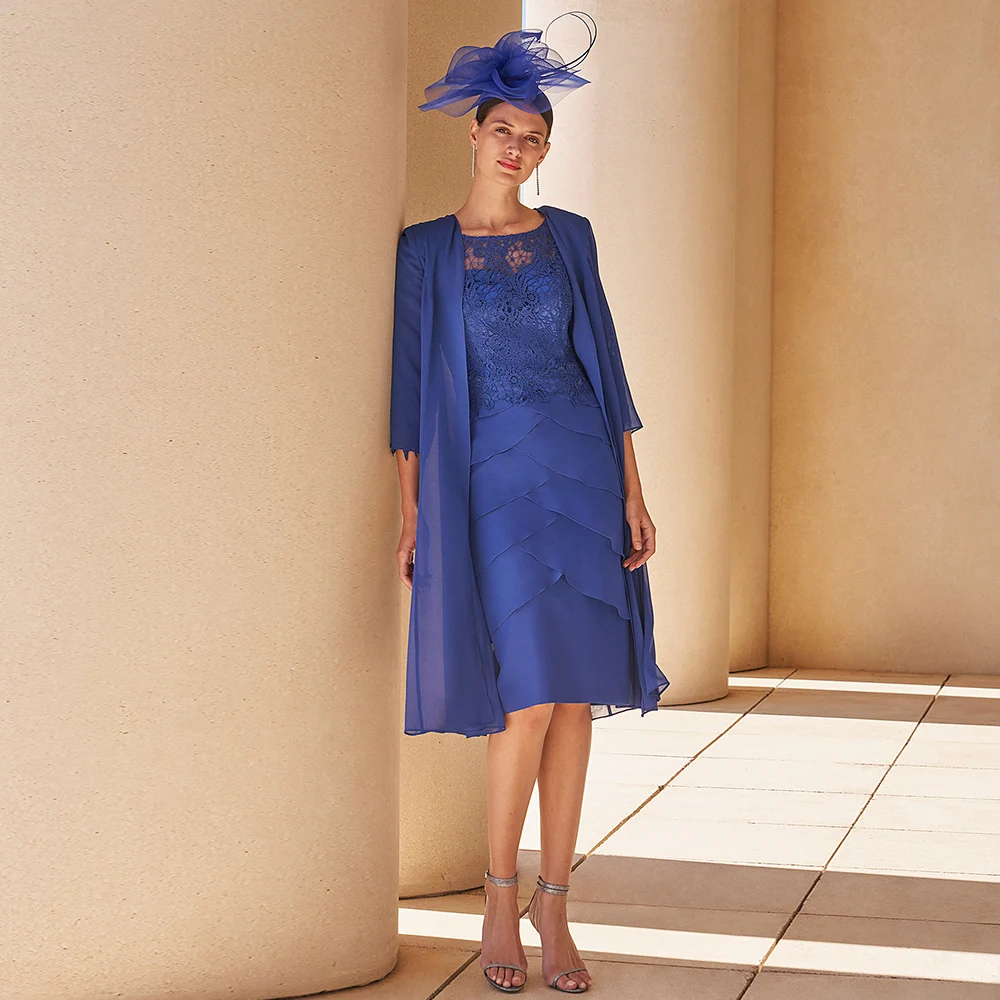 

Royal Blue Elegant Mother of the Bride Dress with Jacket Applique Knee Length Chiffon Formal Robe Mere De Ia Mariée élegante