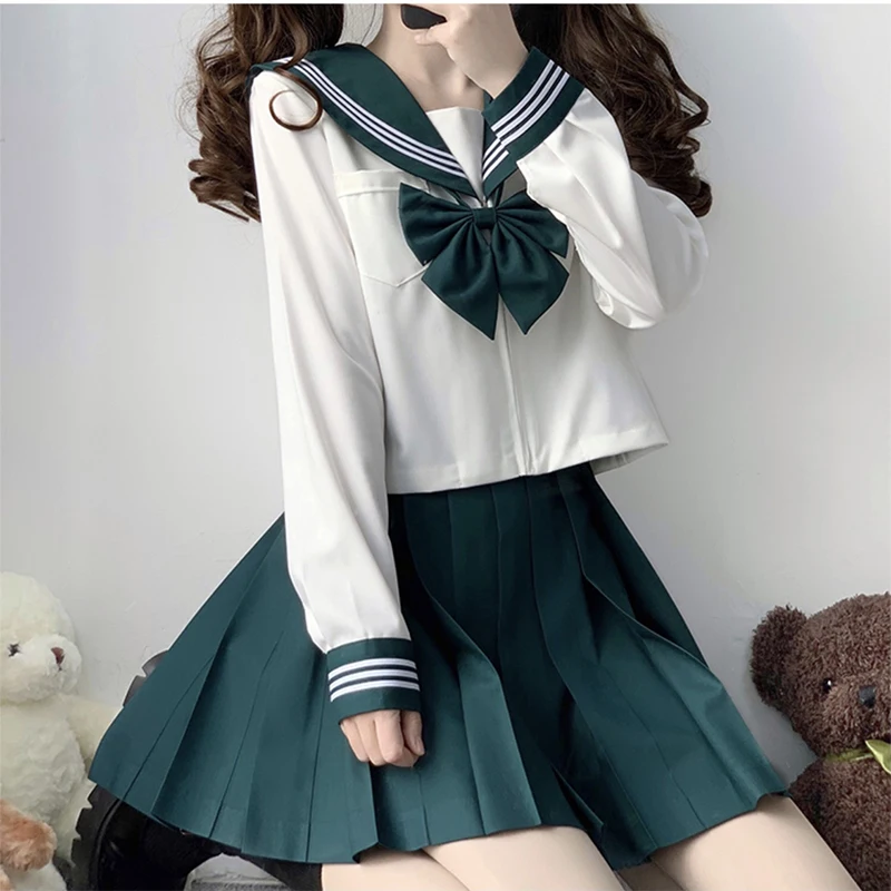 Japanese School Uniform S-XXL Green JK Uniform Girl Japanese College Style Suit Sailor Costume Women Sexy Shirt Pleated Skirt