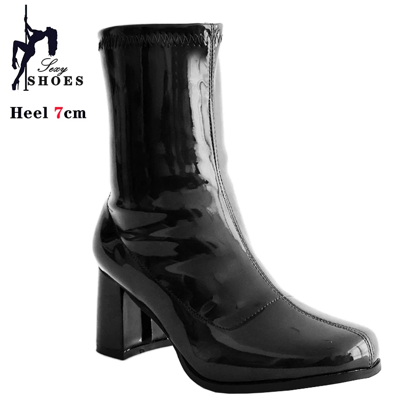 Voesnees Neue 7 cm hochhackige Cross-Dressing-Schuhe Gogo-Stiefel 60er 70er Jahre Stiefeletten mit quadratischem Absatz Sexy runde Zehen-Leder-Reißverschluss-Damen-Kurzstiefel 3