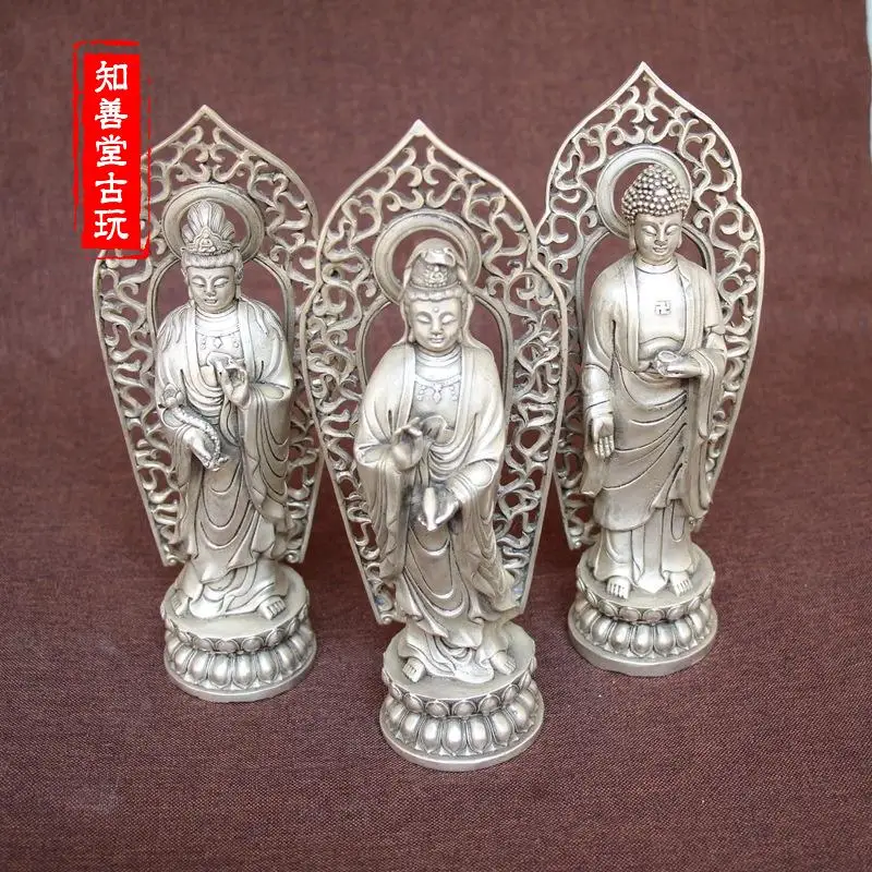 Antique bronze collection, white copper, home decoration articles of Guanyin, the three saints of the West