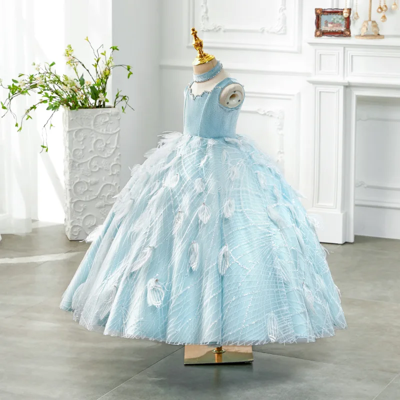 Very Luxury Feather Rhinestone Elegant Evening Ball Gown Little Girls Velvet Sequin Pageant Banquet Dresses Puffy Long Formal