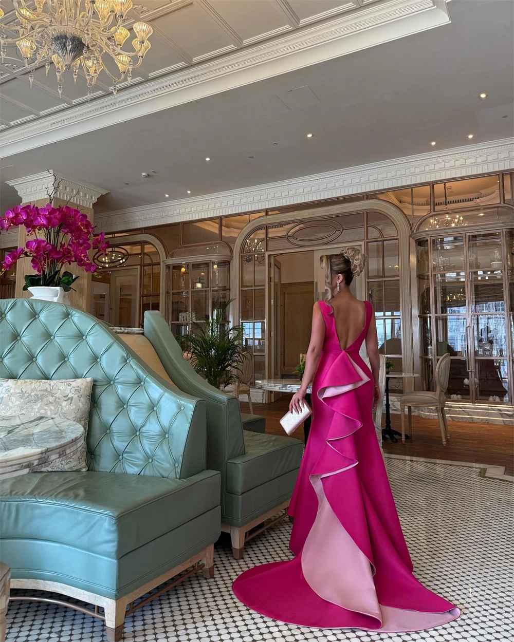 Jersey clásico personalizado con cuello redondo y hombros descubiertos, sin mangas, sirena hasta el tobillo, tren con paneles, vestidos para ocasiones especiales fruncidos