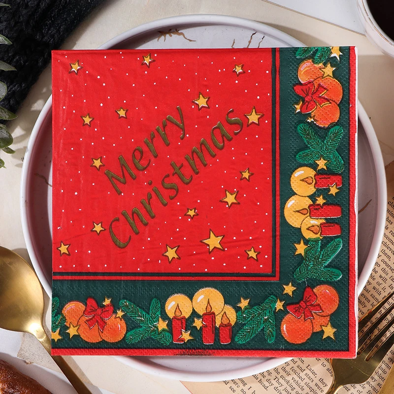 20pcs 33cm 2-Ply Christmas Printed Napkins Red Green Kitchen Table Decoration Square Napkins Cocktail Napkins