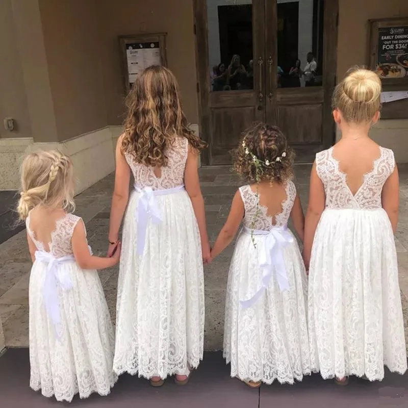 New Girl Princess Dress White Lace Long Dress Wedding Flower Children Open Back Wedding Dress Girl Elegant Evening Dress