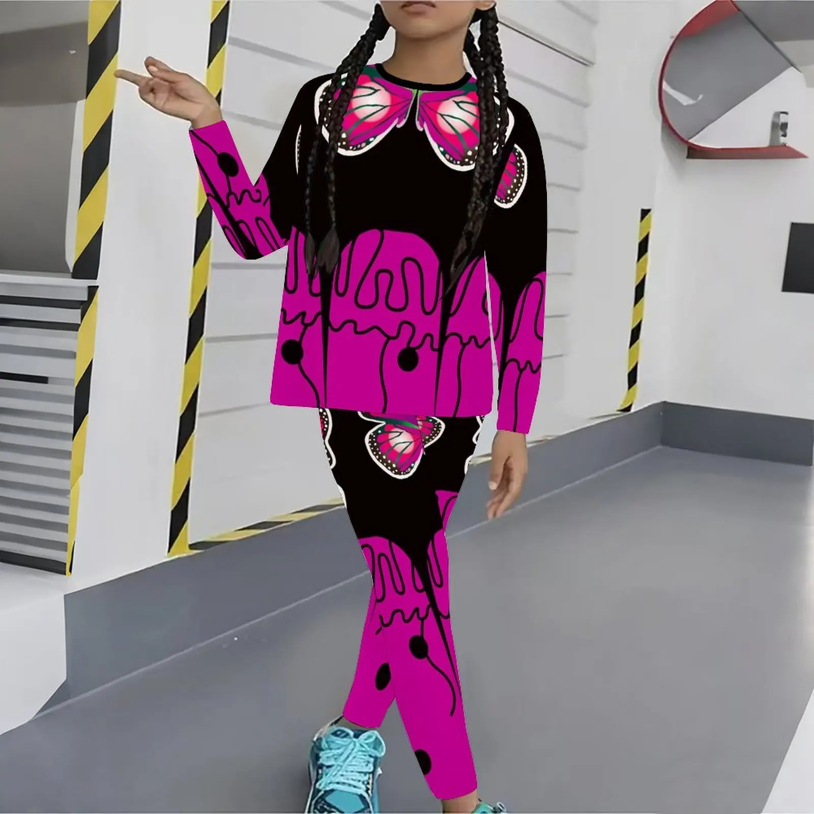 Girls Print Long Sleeve Round Neck Top Cute Two-Piece Daily Wear Casual T-shirt Autumn Leggings Winter Jogging Pants