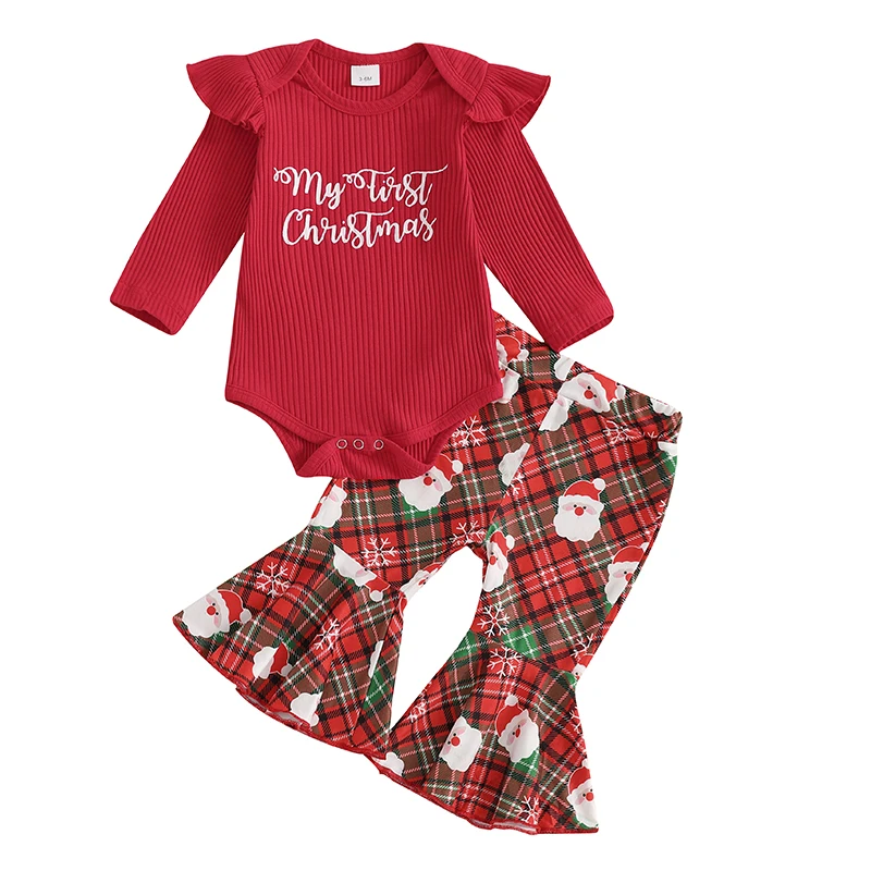 

Baby Girl Christmas Outfit Letter Print Ruffle Long Sleeve Romper Santa Claus Plaid Flare Pants Headband 3 Piece Set