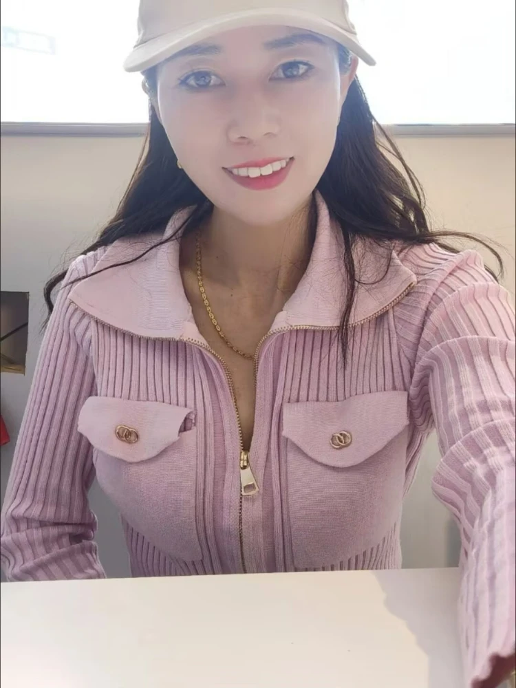 

Fashion Zipper Design French Pink Purple Knitted Cardigan for Women Autumn New Sweet Slimming Long Sleeve Sweater Women Top