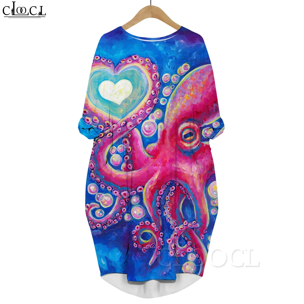 CLOOCL Autumn 2022 Long Sleeve Dress Octopus Ink Painting Pattern 3D Print Loose Dress with Pocket Female Casual Clothing