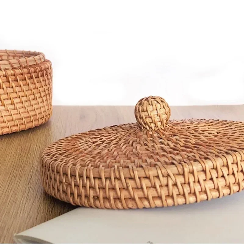 Handwoven Rattan Storage Box with Lid Wicker Tea Food Container Picnic Bread Fruit Cake Basket Kitchen Organizer B