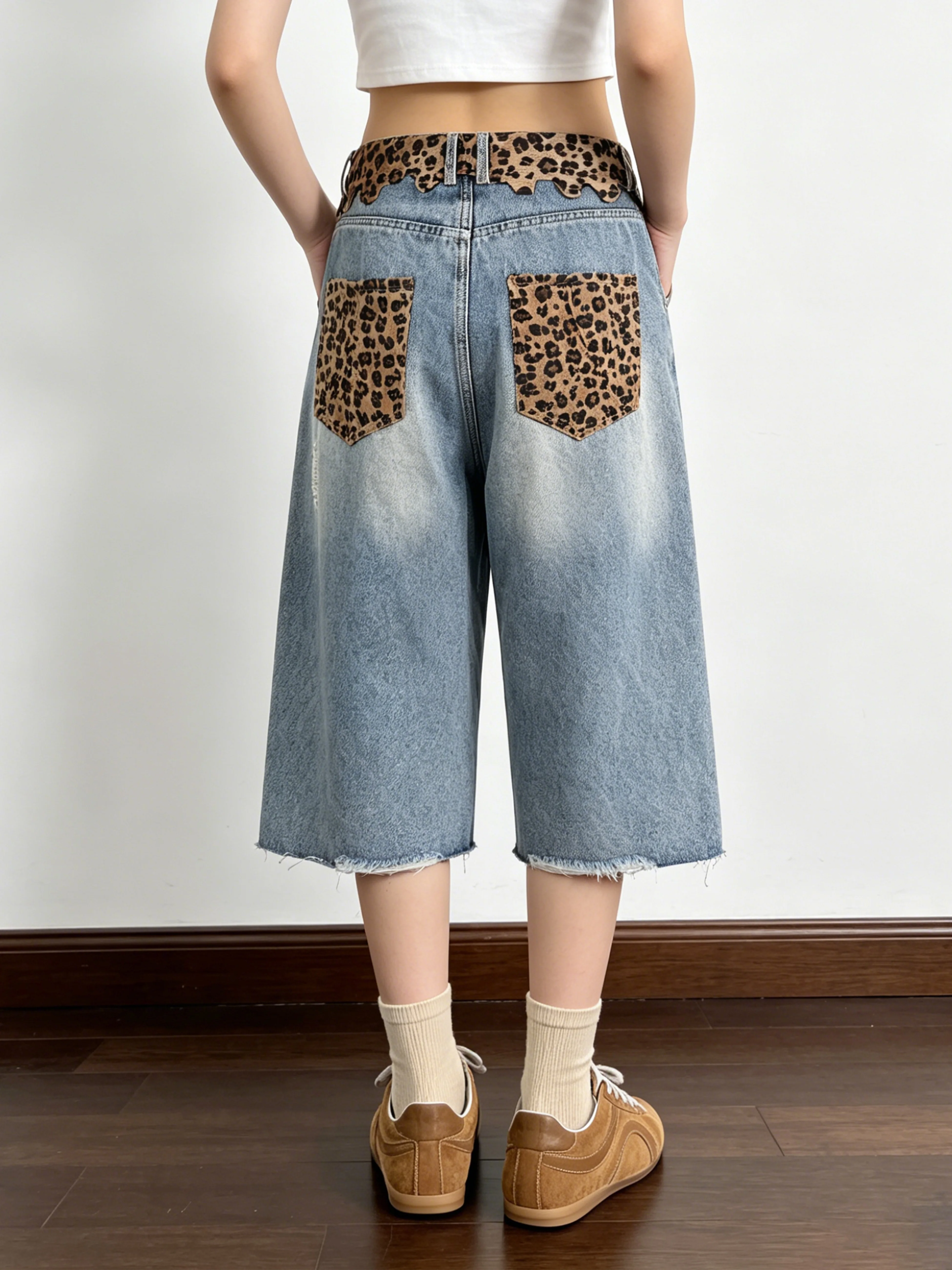 Retro American Leopard Print Splicing Jeans Women's Loose Wide Leg Seven Pants High Waist Cotton Casual Style Denim Jeans